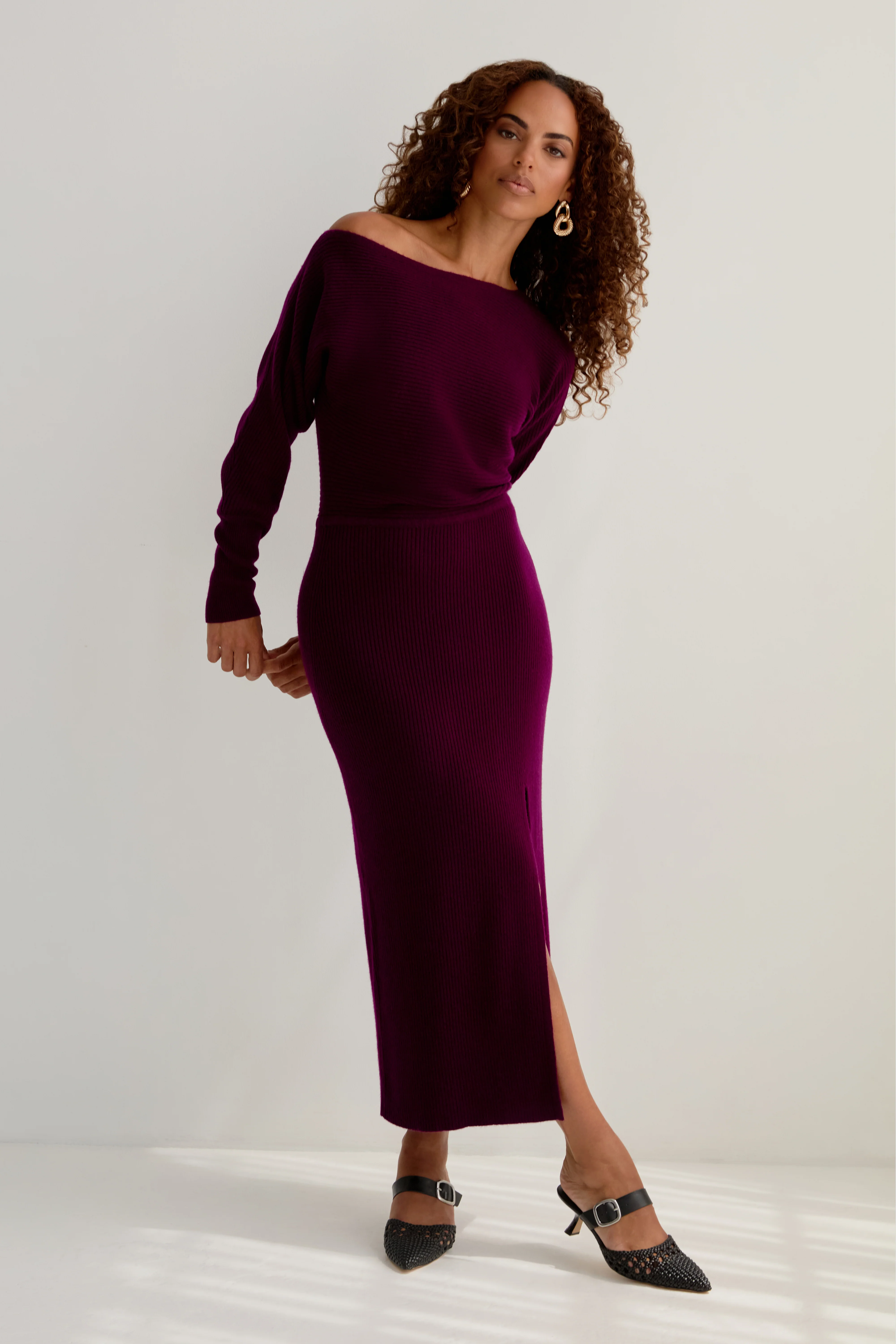 The Off Shoulder Sweater Dress - Aubergine - Image 2