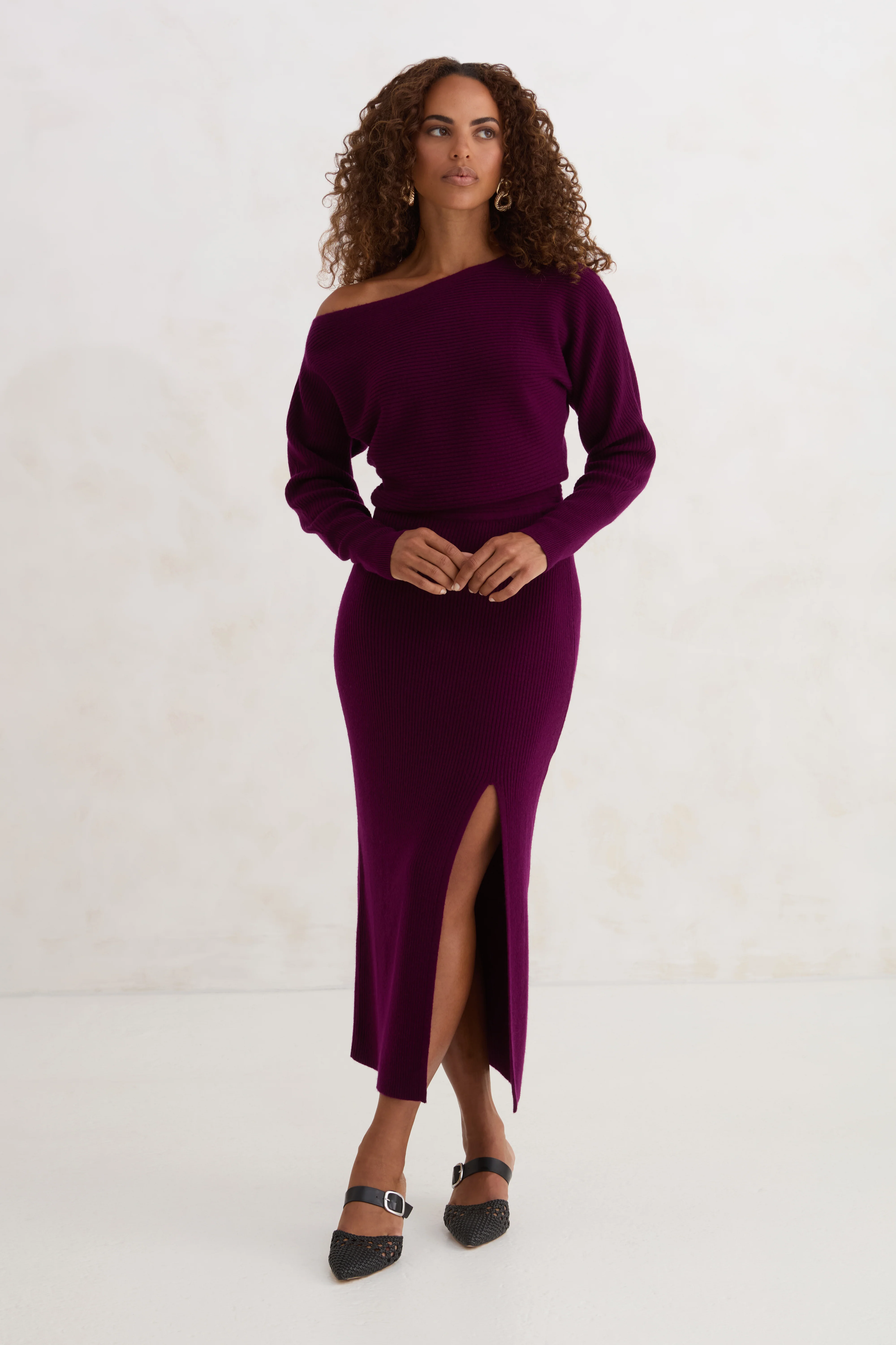 The Off Shoulder Sweater Dress - Aubergine - Image 3