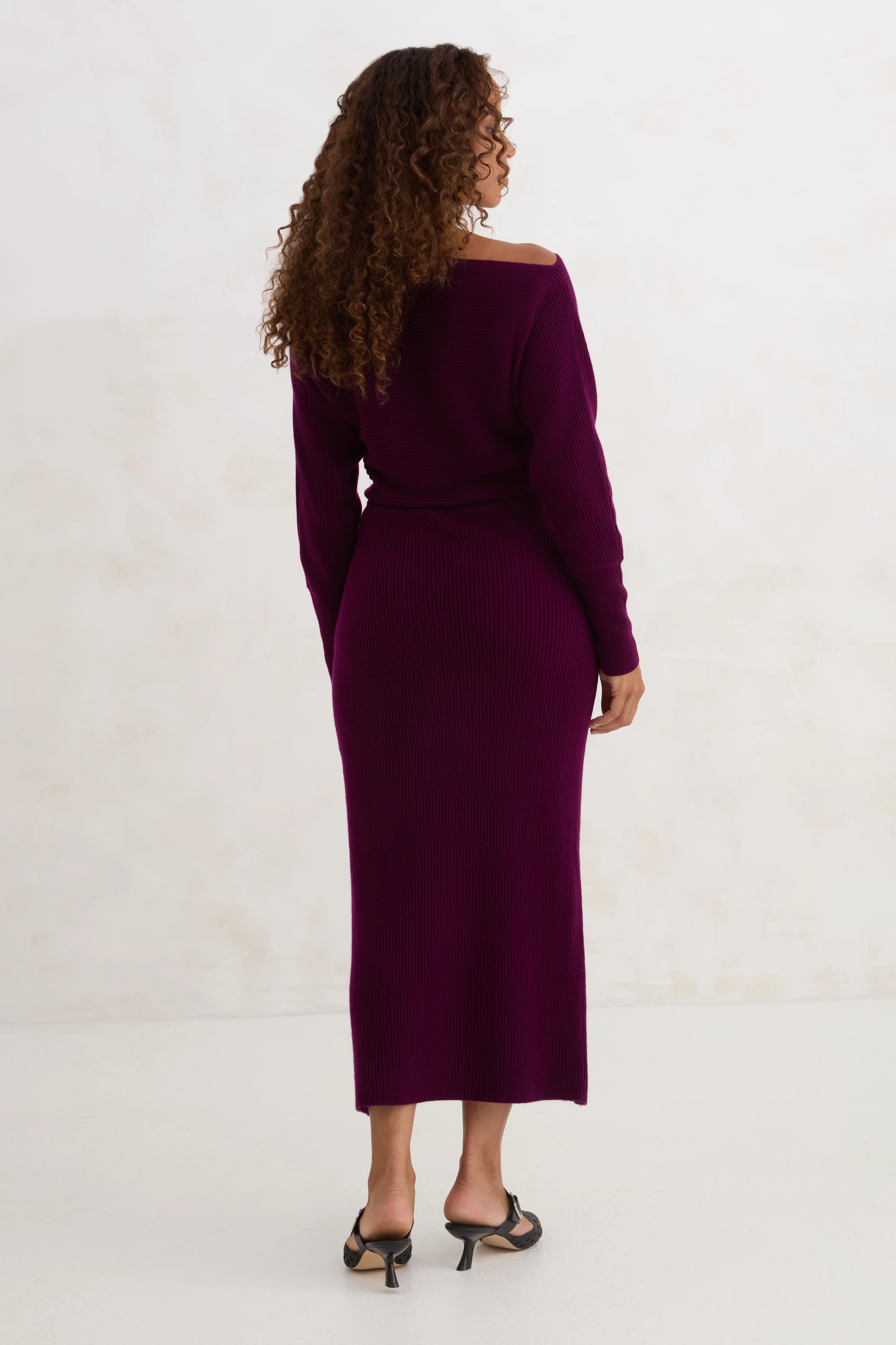 The Off Shoulder Sweater Dress - Aubergine - Image 4