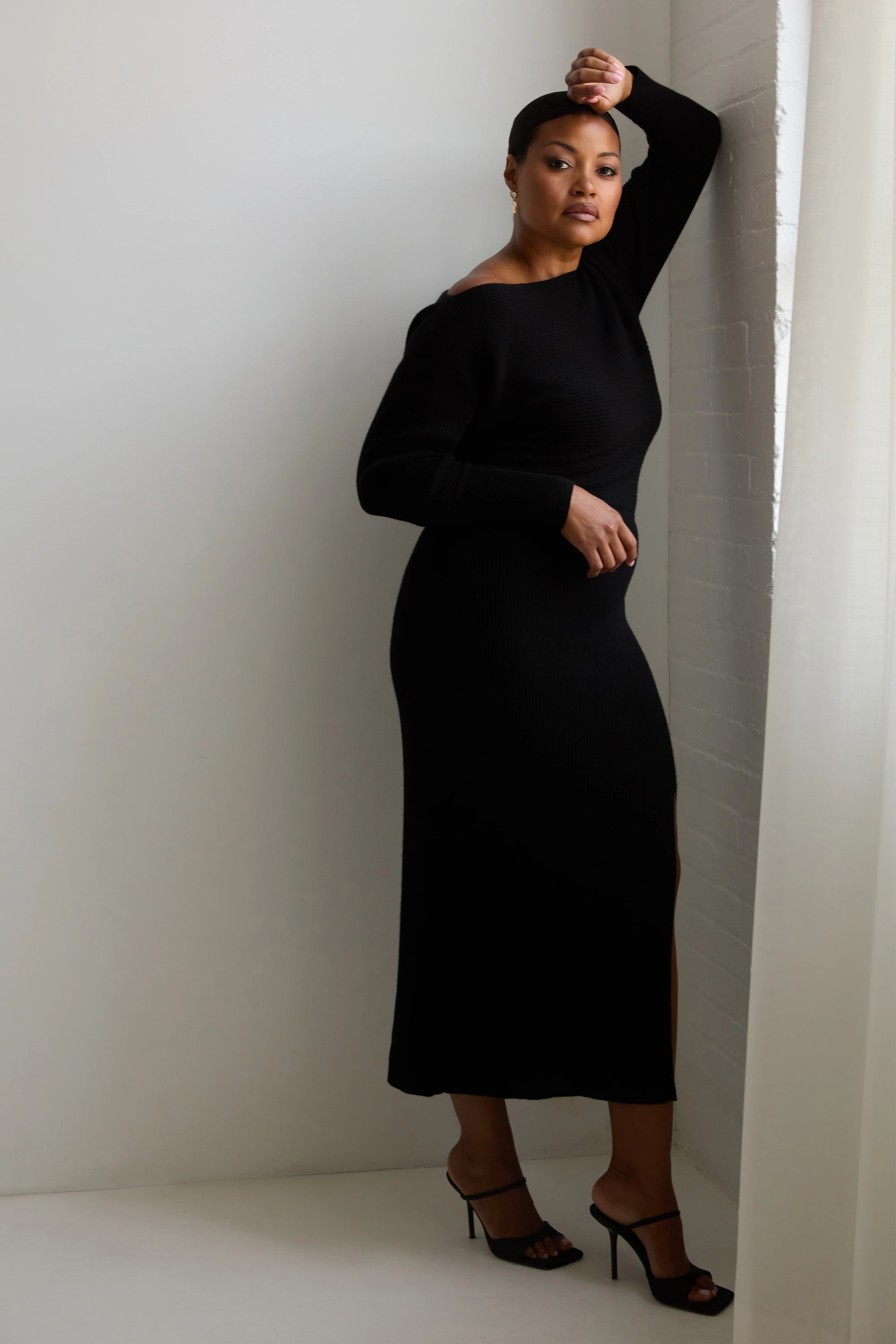 The Off Shoulder Sweater Dress - Ink - Image 6