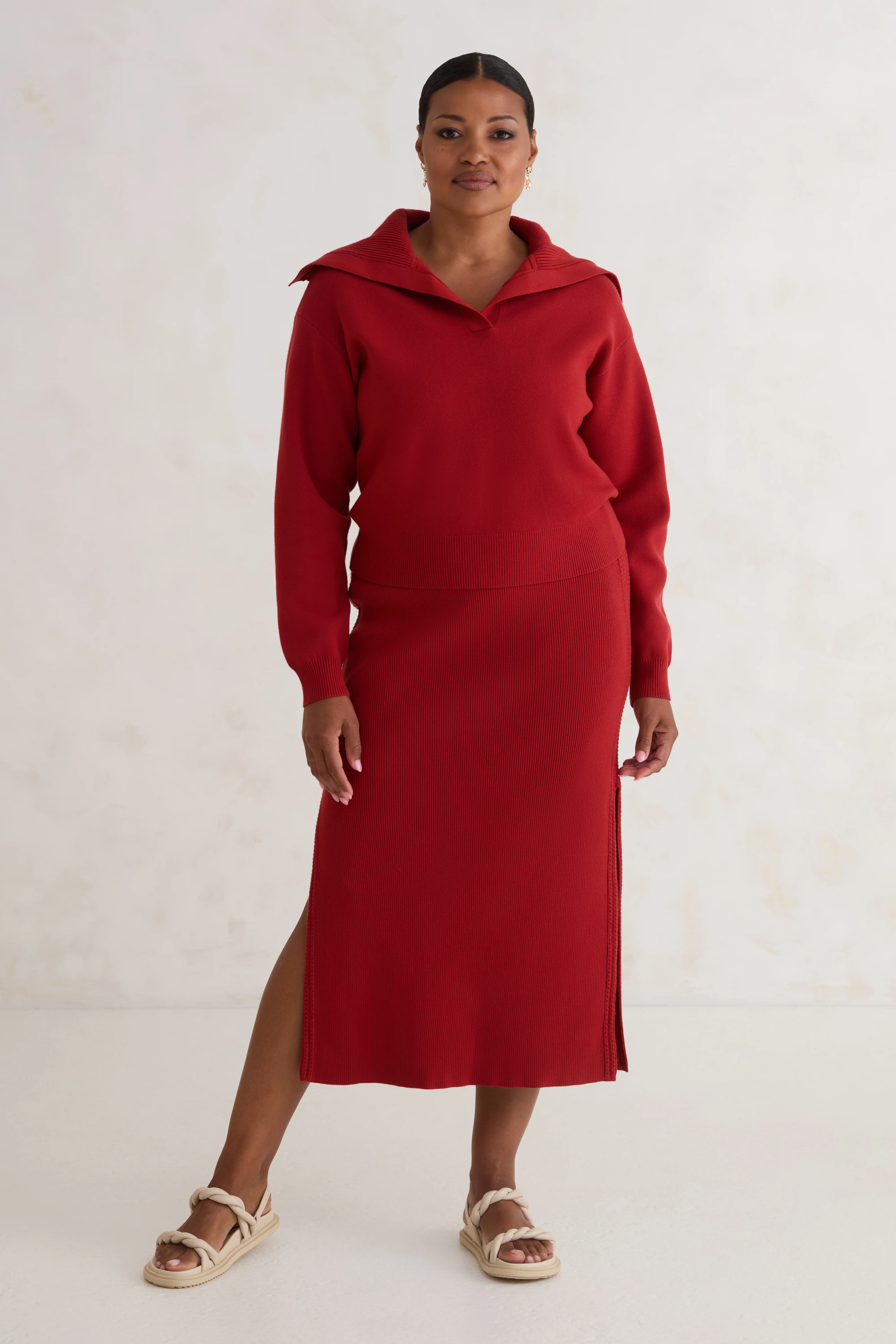The Rib Sweater Skirt - Brick Red - Image 4
